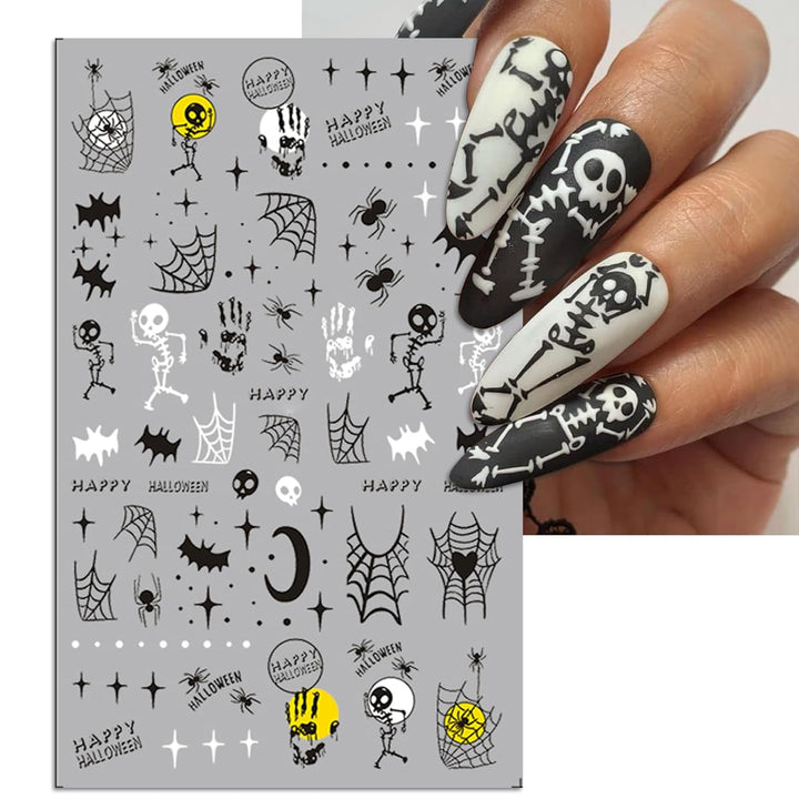 Halloween Nail Art Stickers, Gradient Pumpkin, Horror Mask Nail Decals, 3D Self-Adhesive Spider-Web Bat Design for DIY Nail Supplies Decoration (5 Sheets)