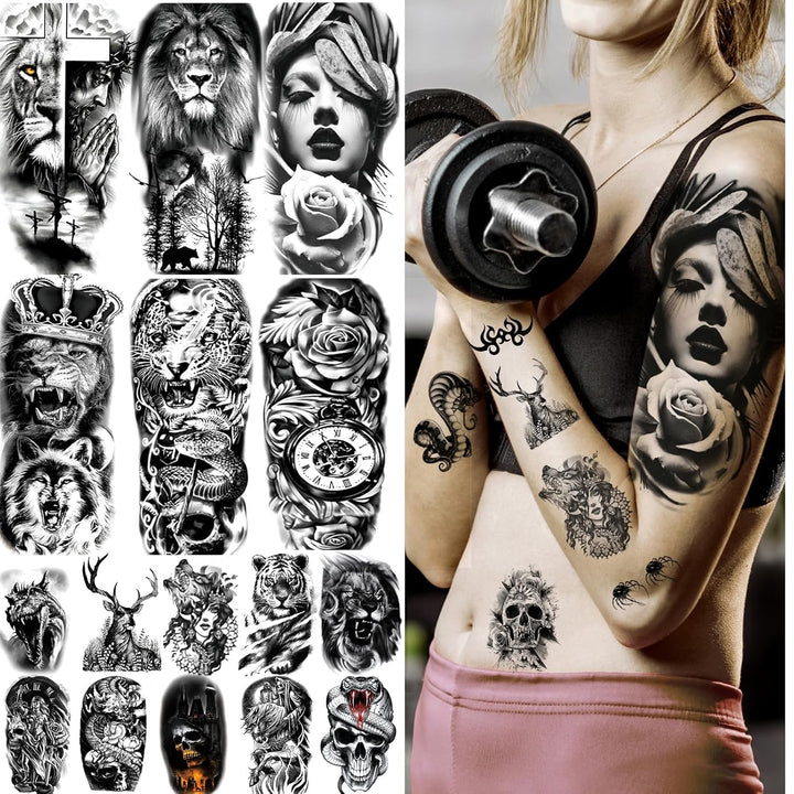 82 Sheets Temporary Tattoo for Men Women Adults, Include 12 Sheets Black 3D Half Sleeve Temporary Tattoos, Halloween Tattoos Scary Lion Wolf Tiger Skull Skeleton Tattoos Stickers