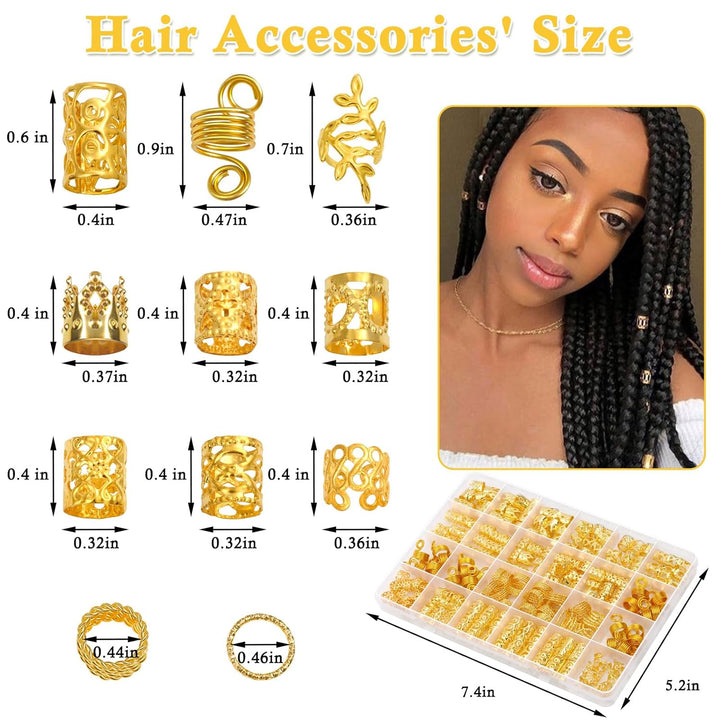 220 Pcs Gold Hair Jewelry for Braids, Loc Jewelry for Hair Dreadlock, Loc Charms for Women, Metal Gold Braids Rings Cuffs Clips for Dreadlock Accessories Clip Braids Extensions Decorations