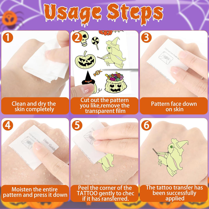 145 Styles Halloween Tattoos for Kids, 12PCS Halloween Luminous Tattoos, Glow in Dark Ghosts Pumpkin Fake Temporary Tattoos Stickers Bulk for Trick or Treat Party Decorations Accessories Supplies