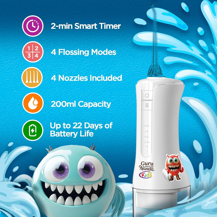 Kids Water Dental Flosser - 4 Flossing Modes, 4 Nozzles, 2-Min Smart Timer, Ages 6+, Monster Frens Theme, Portable Oral Care for Kids