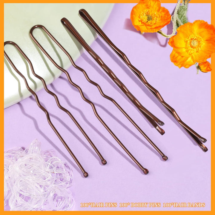 300Pcs Bobby Pins Hair Pins Kit, 100 Hair Pin for Women 100 Bobby Pins Brown and 100 Hair Bands, Hair Pins for Buns 2Inch 2.36Inch 2.75Inch
