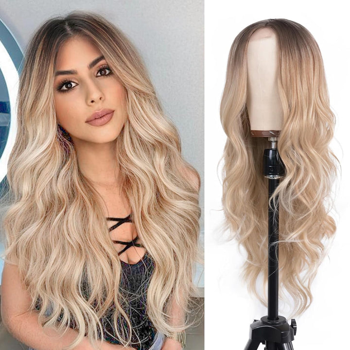Mixed Blonde Long Wave Wig for Women -26Inch Middle Part Long Curly Wig Heat Resistant Synthetic Hair Looking Natural, Fiber Wig for Daily Party Use