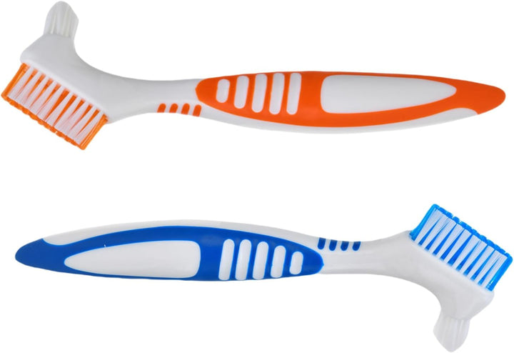 Denture Cleaning Brushes 2-Pack with Dual-Angle Heads - Soft Nylon Bristles & Ergonomic Grip, Travel Denture Brush Kit for Seniors (Green/Purple) | Denture Care Essentials