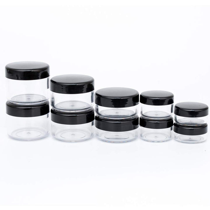 10Pcs Small Travel Containers, Black Sample Jars with Screw Lids, 5 Size 3/5/10/15/20 Gram, 12Pcs Labels and 2Pcs Mini Disposable Spatula, Makeup Sample Containers BPA Free