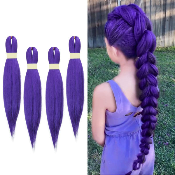 4 Packs 24 Inch Synthetic Braiding Hair Extensions, Purple Pre-Stretched Braiding Hair for Girls for Box Braids, Halloween Cosplay Party