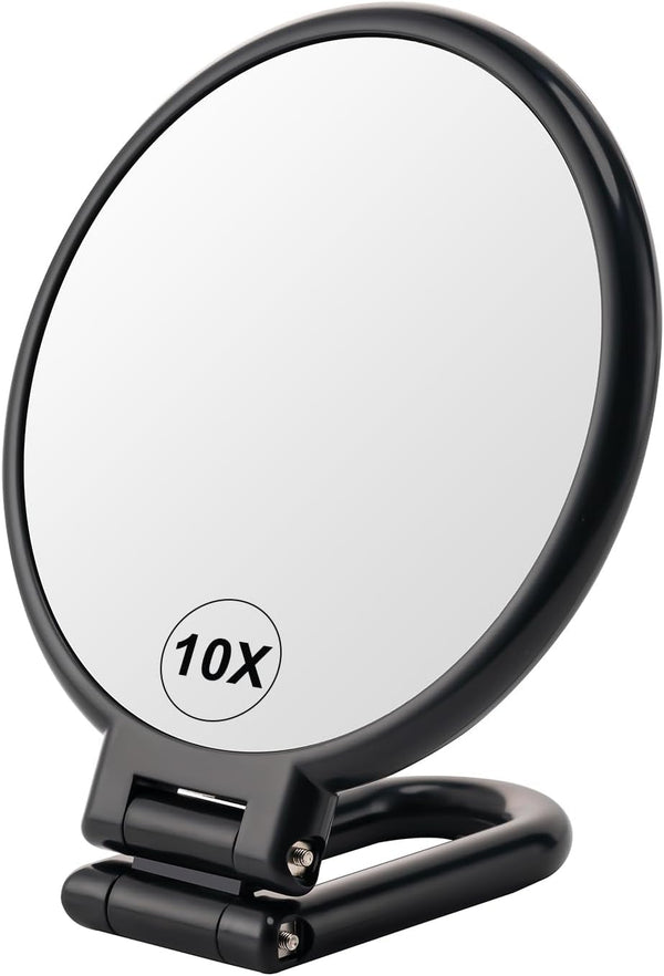 1X/10X Magnifying Handheld Mirror Double Sided, Foldable Travel Makeup Mirror, Adjustable Rotation Pedestal Hand/Hanging/Desk Vanity Mirror-Black