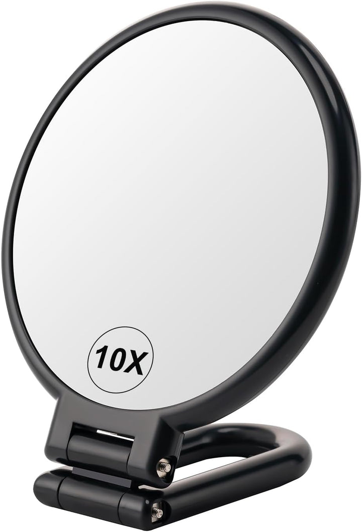 1X/10X Magnifying Handheld Mirror Double Sided, Foldable Travel Makeup Mirror, Adjustable Rotation Pedestal Hand/Hanging/Desk Vanity Mirror-Black