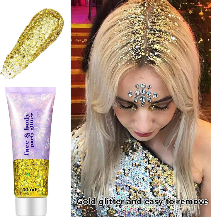 Gold Face Body Glitter,Mardi Gras Glitter Makeup Gold Face Paint,Holographic Chunky Sequins Glitters for Eye Lip Hair Nails,Festival Rave Accessories,52G