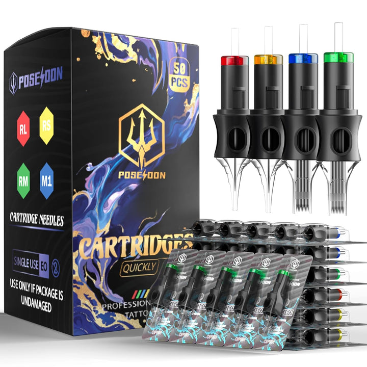 POSEIDON 50PCS Tattoo Cartridge Needles Assorted Mixed Size #12 round Liner Shader Magnum - 5RL 7RL 9RL 5RS 7RS 9RS 7M1 15M1 7RM 15RM with Membrane Professional Disposable Tattoo Needles