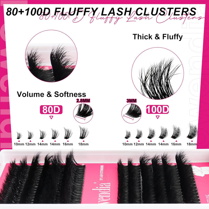 Lash Clusters Kit Fluff 80D 100D Individual Lashes D Curl Cluster Eyelash Extensions 10-18Mm DIY Lash Extension Kit Lash Bond and Seal Waterproof, Lash Applicator, Thick False Eyelashes Kit