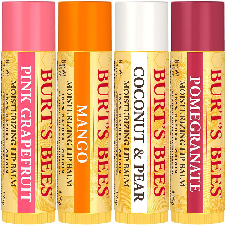 Lip Balm - Pink Grapefruit, Mango, Coconut & Pear, and Pomegranate Pack, Lip Moisturizer with Beeswax, Tint-Free, Natural Origin Conditioning Treatment, 4 Tubes, 0.15 Oz.