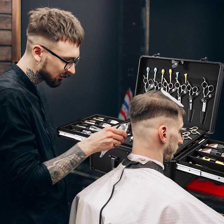 Barber Case with Clippers Sliding Tray, Profesional Barbers Briefcase Tool Case, Barber Cases for Clippers and Supplies, Hair Scissors Trimmer Organizer, Salon Grooming Hard Travel Suitcase