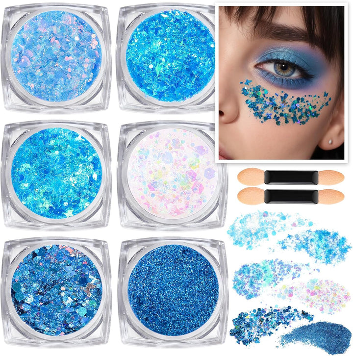 Face Glitter Body Glitter, Clear White Body Glitter Gel, Hair Glitter Gel, 6 Shapes Rave Glitter, Mermaid Sequins Makeup Glitters Face Paint, Chunky Sparkling Glitter Gel for Women