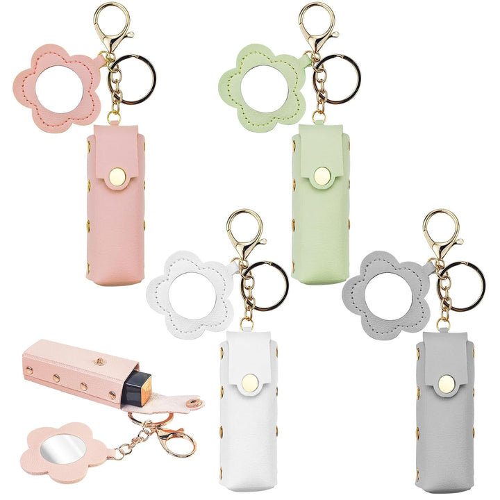 4 PACK PU Leather Potable Chapstick Holder Key Chain Bulk with Mirror, Lipstick Keychain, Lip Balm Organizer Holder Lipstick Travel Makeup Storage Case for Women Girls (Style 1)