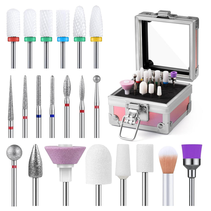 21Pcs Nail Drill Bit Set, Professional 3/32'' Ceramic Diamond Carbide Acrylic Gel Nail Art Tool Kit, Cuticle Remover Bit for Acrylic Gel Dip Powder, Nail Manicure Pedicure, Salon Home
