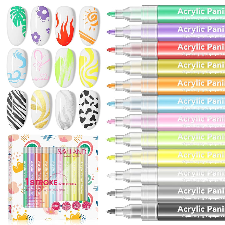 12 Colors Nail Art Pens Set - 3D Nail Polish Pens Acrylic Paint Pens Nail Markers for Nail Art Drawing Painting Nail Point Dotting Liner Pen Manicure Tools Nail Design Kit Home Nail Salon DIY