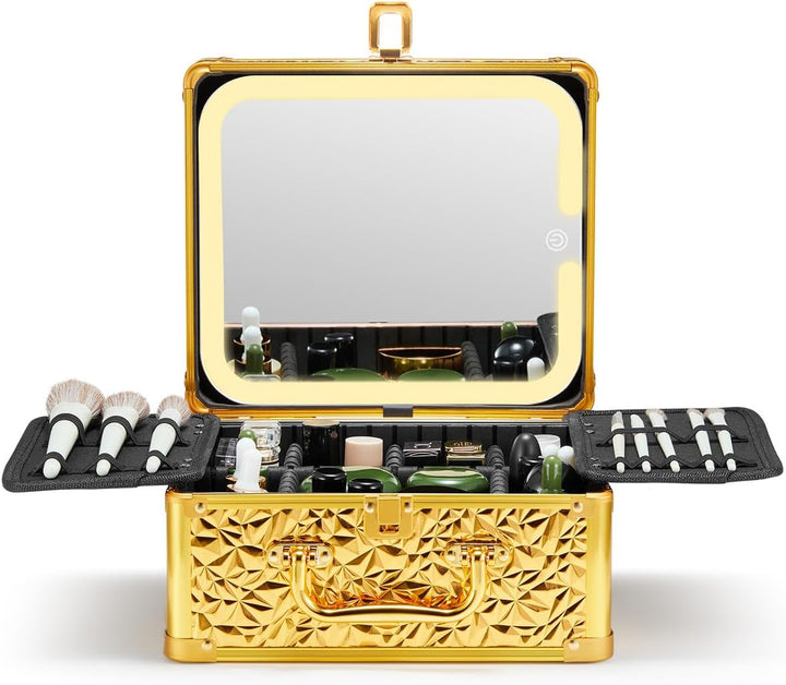 Makeup Box with a Detachable Lighted Mirror, Waterproof Travel Train Case, Cosmetic Organizer and Makeup Suitcase with Adjustable Dividers, Magnetic LED Mirror (Black)