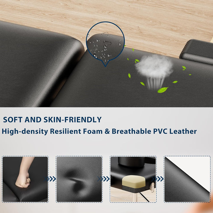 Massage Table Portable, 2-Fold Lash Bed with Side Pocket, Adjustable Height, Sturdy Aluminum Frame, Esthetician Spa Facial Tattoo Bed with Face Cradle & Carrying Bag, Black