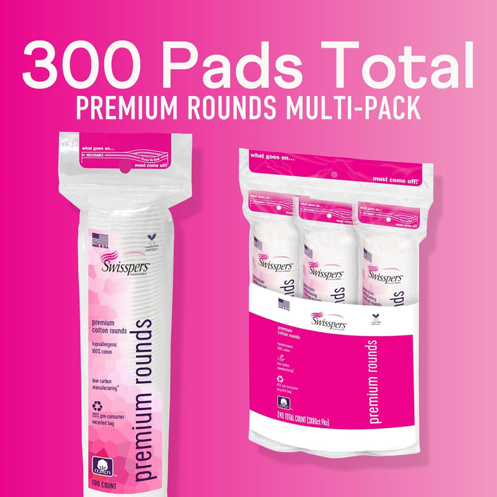 Premium Cotton Rounds - 100% Chlorine Free Cotton Face Pads for Makeup, Nail Polish Removal - Dermatologist Tested and Hypoallergenic, Made in USA - 100 Pads (Pack of 3)