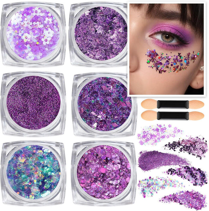 Face Glitter Body Glitter, Clear White Body Glitter Gel, Hair Glitter Gel, 6 Shapes Rave Glitter, Mermaid Sequins Makeup Glitters Face Paint, Chunky Sparkling Glitter Gel for Women