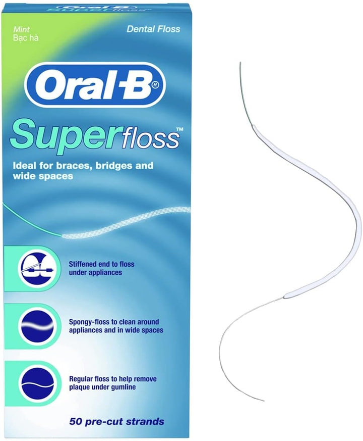 Dental Floss for Braces, Super Floss Pre-Cut Strands, Mint, 50 Count, Pack of 2