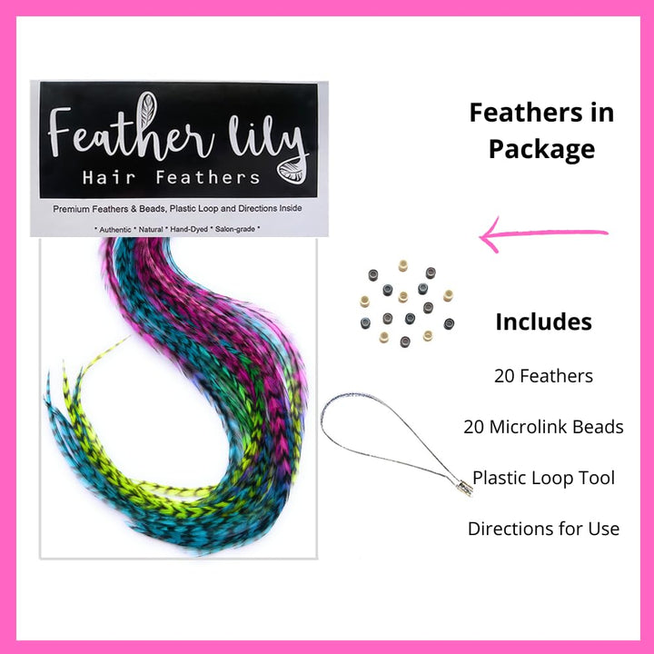 Hair Feathers in Rainbow Tie Dye Bright Colors, 20 Long Feathers with Beads and Loop Tool DIY Kit, Grizzly Rooster Feather Hair Extensions