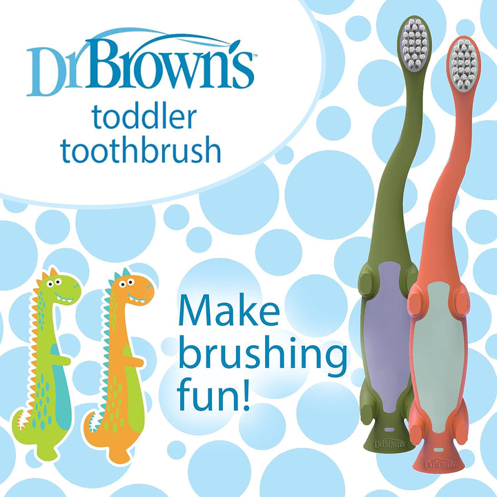Toddler Toothbrush, Dinosaur, Green and Orange, 2-Pack