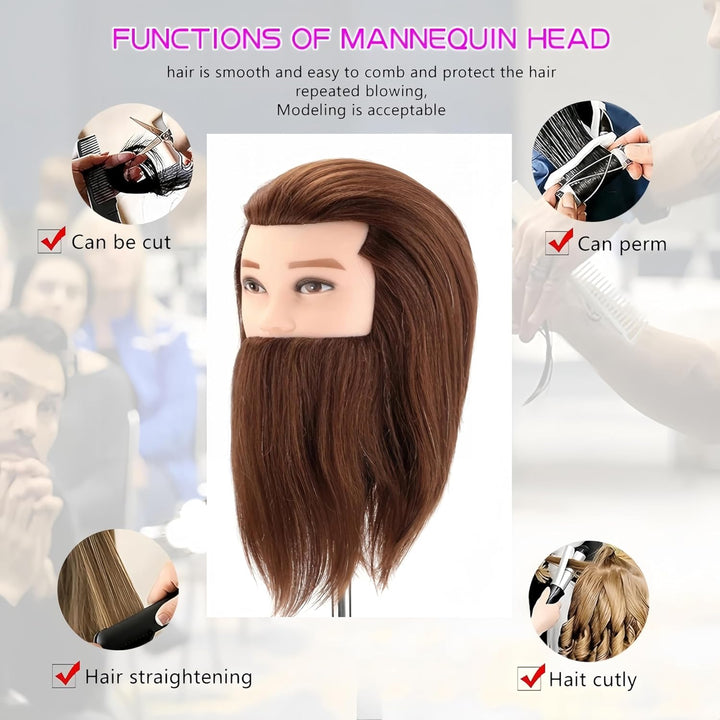 Mannequin Head Human Hair for Hair Styling, Barber Mannequin Head Male with 100% Human Hair and Beard Cosmetology Training Manikin Head with Stand