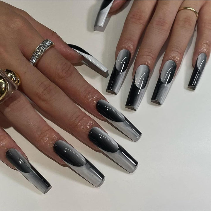 Stiletto Press on Nails Extra Long Fake Nails with Glue Glossy False Nails with Black Gradient Designs Full Cover Almond Acrylic Nail 24Pcs