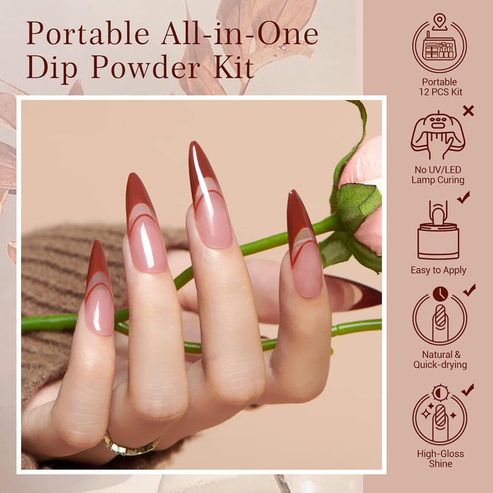 Dip Powder Nail Kit Starter, Fall 4 Colors Skin Nude Brown Glitter, Acrylic Dipping Powder Liquid Set with Base/Top Coat Activator for Daily French Nail Art Manicure DIY Gift 12 Pcs