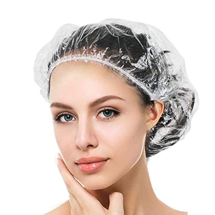 100PCS Disposable Shower Caps, Plastic Clear Hair Cap Large Thick Waterproof Bath Caps for Women, Hotel Travel Essentials Accessories Deep Conditioning Hair Care Cleaning Supplies(20.5")