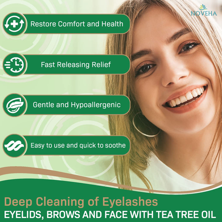 60Pcs Tea Tree & Coconut Oil Eyelid & Lash Wipes - for Demodex, Blepharitis & Itchy Eyes, Individually Wrapped Eyelash Wipes with Aloe Vera, Natural Makeup Remover & Daily Eye Cleanser