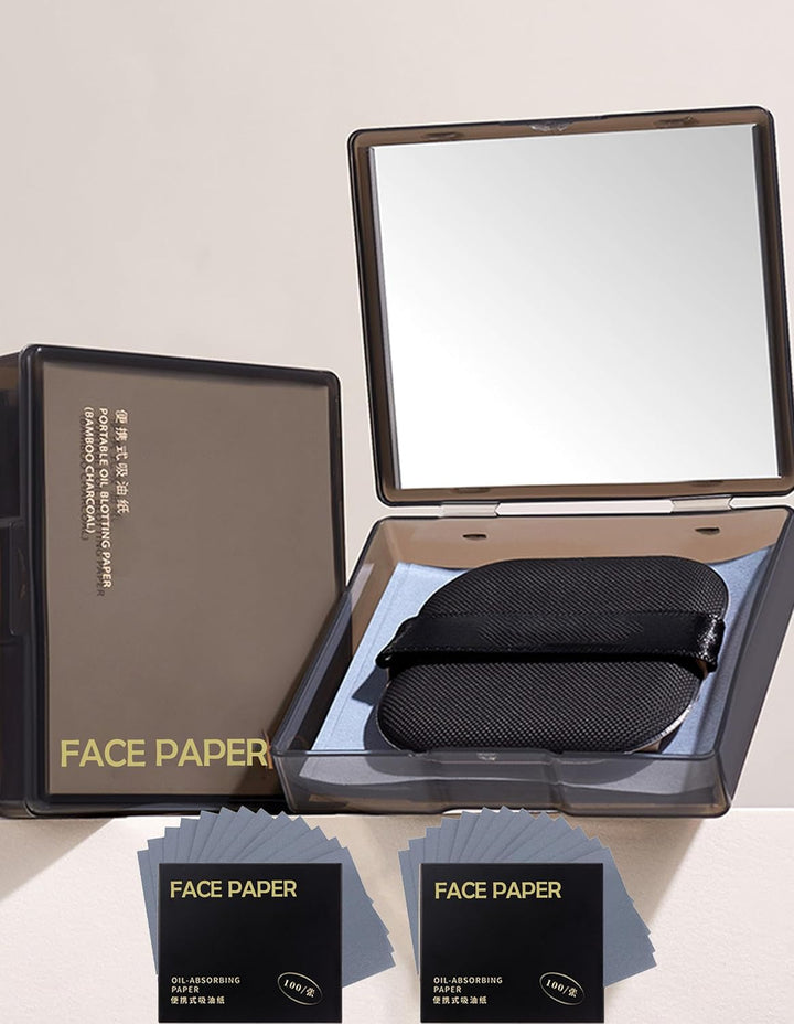 Oil Blotting Paper - 300 Sheets W/Mirror, Puff & Refills, Absorbs Excess Face Oil, Controls Shine, Gentle for Makeup Use