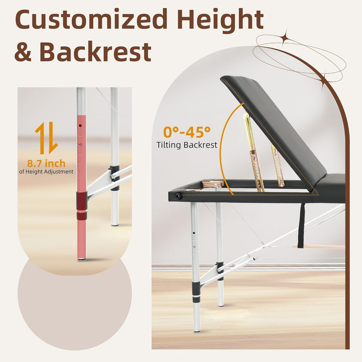 Massage Table, 3 Fold Portable Professional Lash Tattoo Spa Bed, Height Adjustable 23.5" Wide Compact Facial Table with Detachable Oil Pocket Towel Rod Face Cradle Armrest, Aluminum Feet & Black