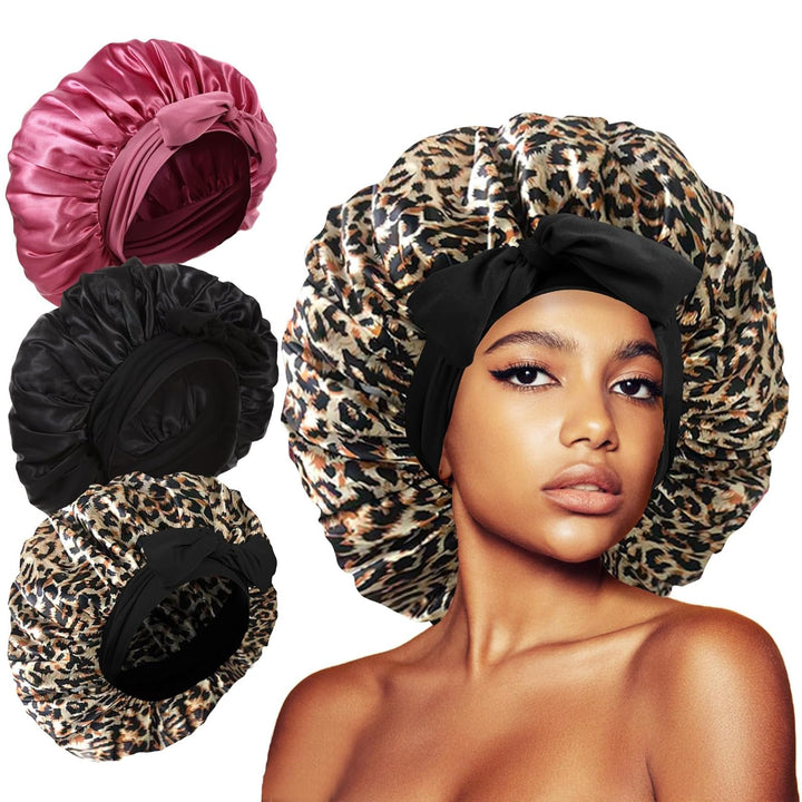 3Pcs Bonnets for Sleeping, Extra Satin Silk Bonnet for Sleeping Women with Tie Band for Curly Hair Jumbo Bonnet Braids