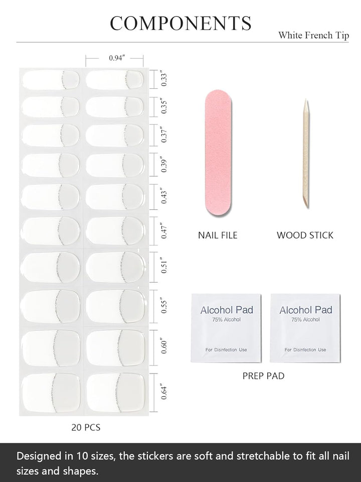 Semi Cured Gel Nail Strips (A White French Tip), Clear Base, 20 Pcs Gel Nail Wraps, Stickers, UV Light Required, Salon Quality, Long Lasting