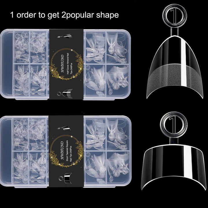 480Pcs Extra Short Half Cover Almond &Tapered Square Nail Tips Gel X Clear Set,2 Shape Pre Shape XXS for Manicure Art Home DIY Salon 12Sizes