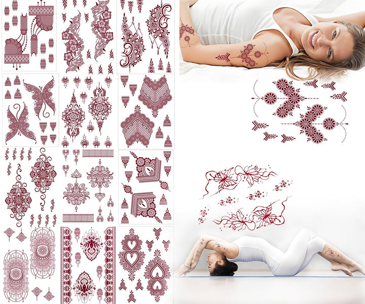 14 Sheets Henna Tattoos Temporary Stickers 10Pcs Brown Tattoo Templates Women Body Art Stickers for Wedding Party (Brown)