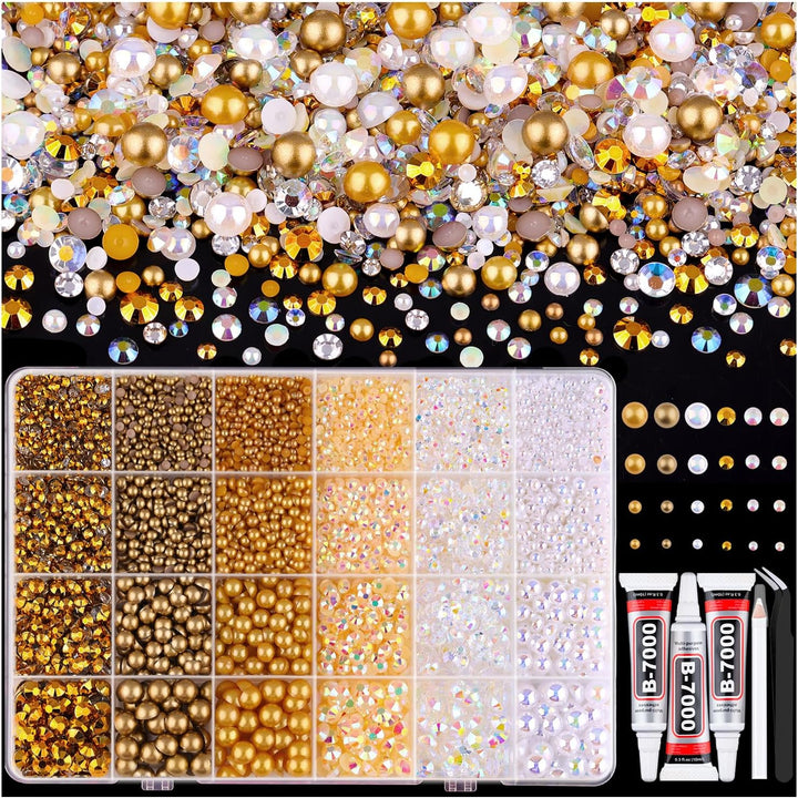9000PCS Flatback Pearls and Pink Rhinestones for Bedazzling Kit, Pink White 3-10Mm Resin Rhinestones Gems and Half Pearls for Crafting, Nail Art and Grad Cap Decor with B7000 Jewelry Glue