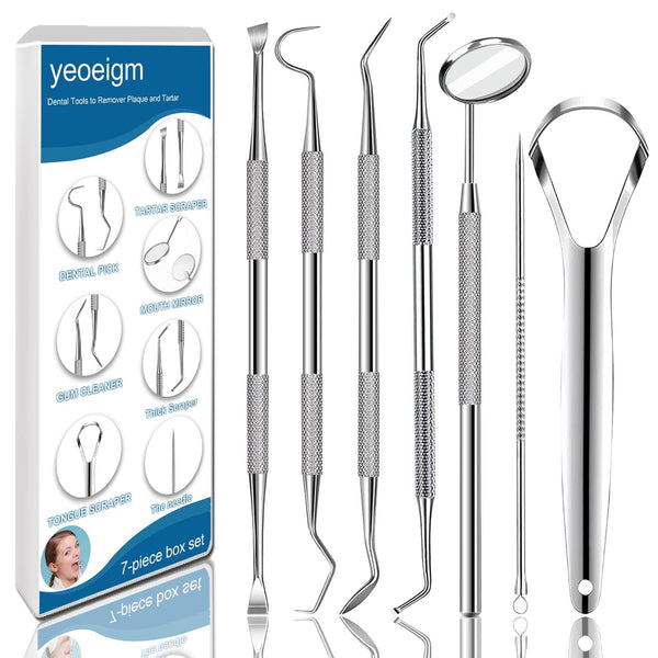 7Pcs Dental Tools, Dental Pick Teeth Cleaning Tools Hygiene Kit, Professional Stainless Steel Tooth Scraper Plaque Tartar Cleaner - with Case, Personal Using, Pets - Teeth Cleaning Kit