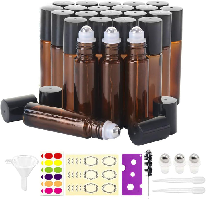 24Pack, 10Ml Roller Bottles for Essential Oils - Amber, Glass with Stainless Steel Roller Balls (3 Extra Roller Balls, 54 Pieces Labels, Opener, Funnel, Dropper, Brush Included)