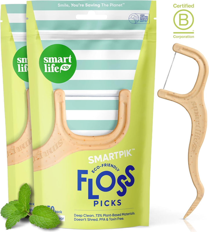 Eco-Friendly Dental Floss Picks (200Ct) - Flossers Made with Straw Wheat Blend, Superior Anti-Shred Thread for Tight Gaps, Tooth Pick Stick for Adults, Soft on Gum & Teeth, Vegan, Mint