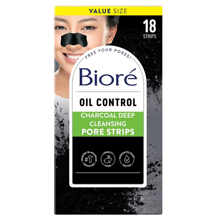 Biore Charcoal Deep Cleansing Pore Strips, Nose Strips for Blackhead Removal on Oily Skin, Features C-Bond Technology with Instant Pore Unclogging, 18 Count