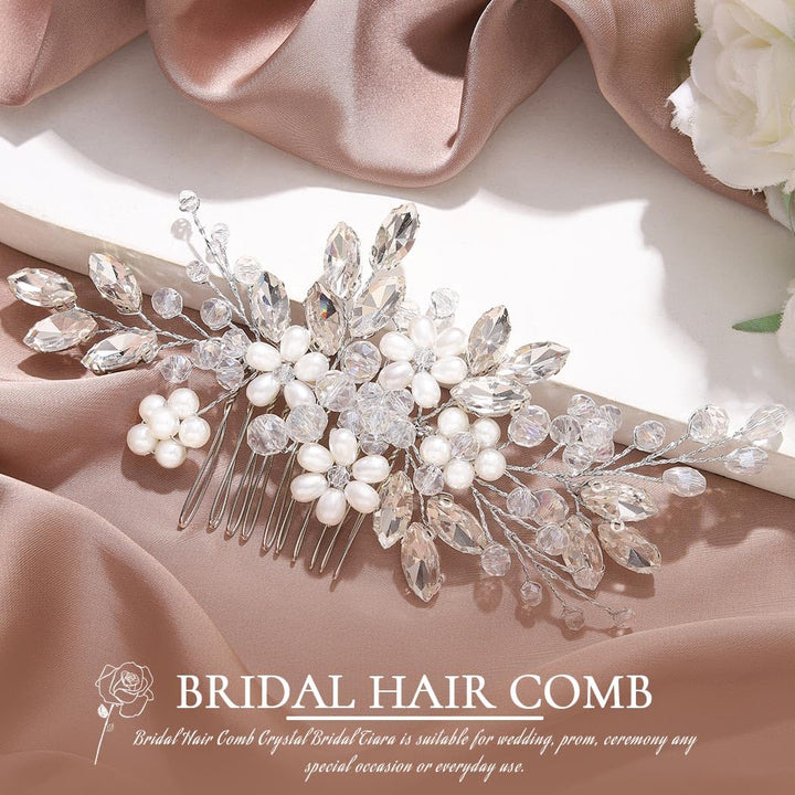 Bride Wedding Hair Comb Pearl Flower Hair Piece Rhinestone Bridal Hair Accessories for Women HC034 (Silver)