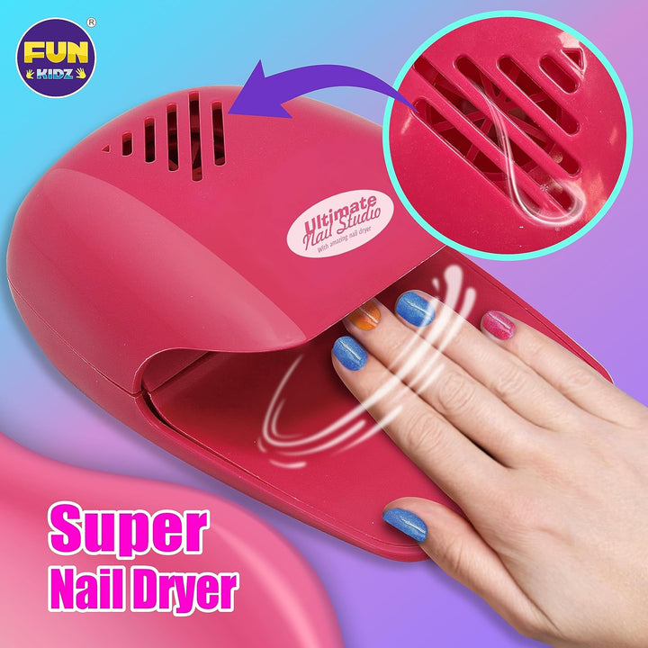 Kid Nail Art Kit for Girls, Funkidz Nail Studio Kits Size 17.91Wx12.4L with Peelable Nail Polish Nail Dryer Teens Makeup Mani Pedi Set Spa Party Gift