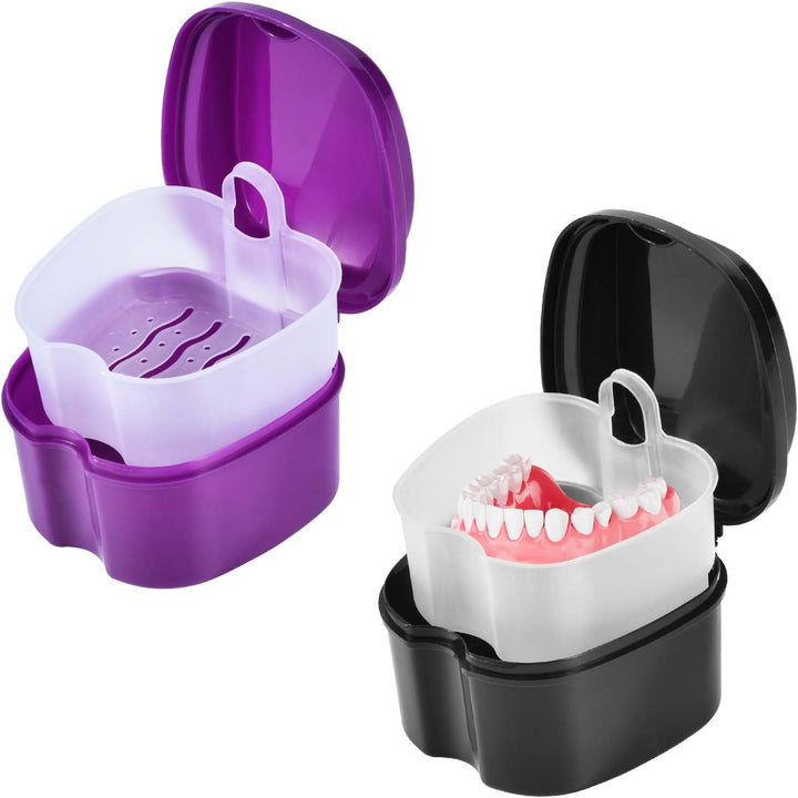2 Pack Colors Denture Bath Case Cup Box Holder Storage Soak Container with Strainer Basket for Travel Cleaning (Light Blue and Blue)