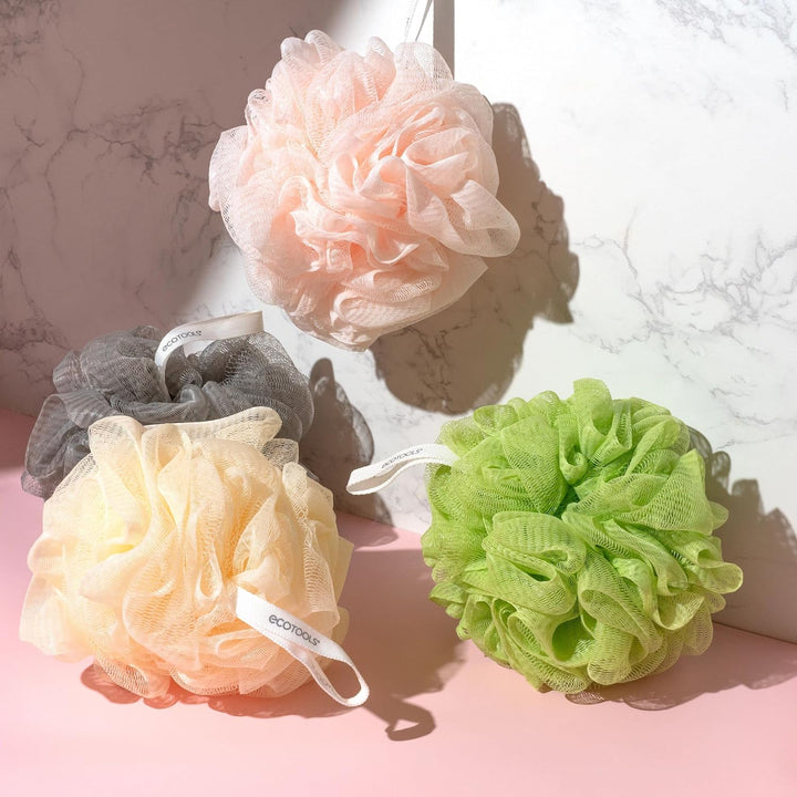 Delicate Ecopouf 4 Pack, Loofah Sponge for Bath & Shower, Recycled Netting, Gentle Exfoliation, Pouf for Body Wash, Eco-Friendly Bath Accessory, Cruelty-Free, Color May Vary, (60G Each)