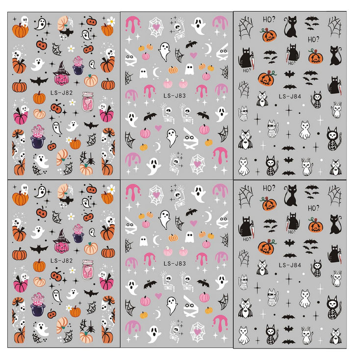Halloween Nail Art Stickers Cute Ghost Pumpkin 3D Self-Adhesive Nail Decals Bat Cat Skull Designs Nail Decorations Halloween DIY Manicure Supplies for Women Girls&Kids 6Pcs