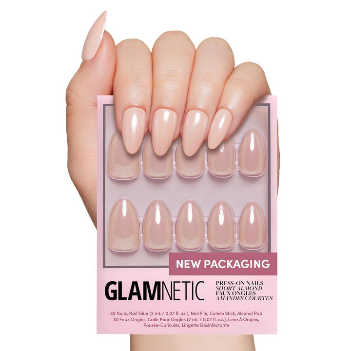 Press on Nails - Madamn | French Tip Nails, UV Finish Short Pointed Almond Shape, Salon Quality Semi-Transparent Nails in 12 Sizes - 24 Nail Kit with Glue
